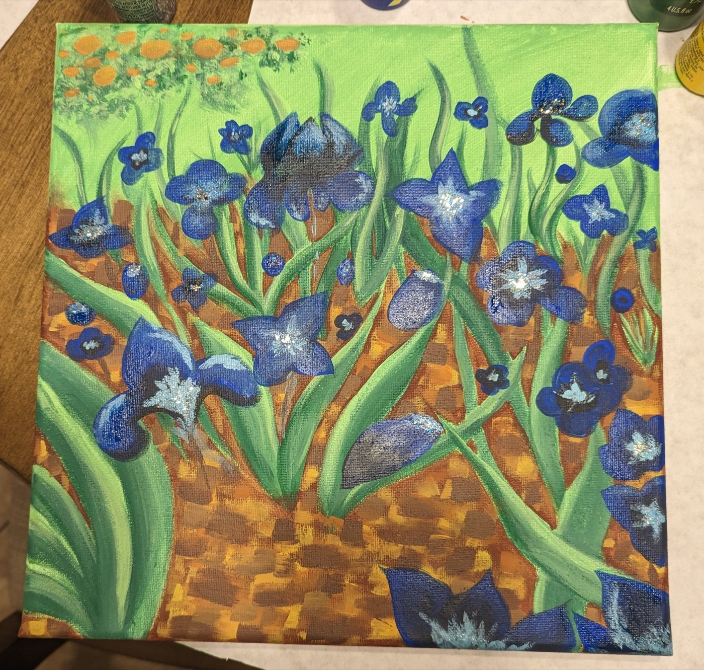 Irises in acrylic, inspired by Van Gogh.