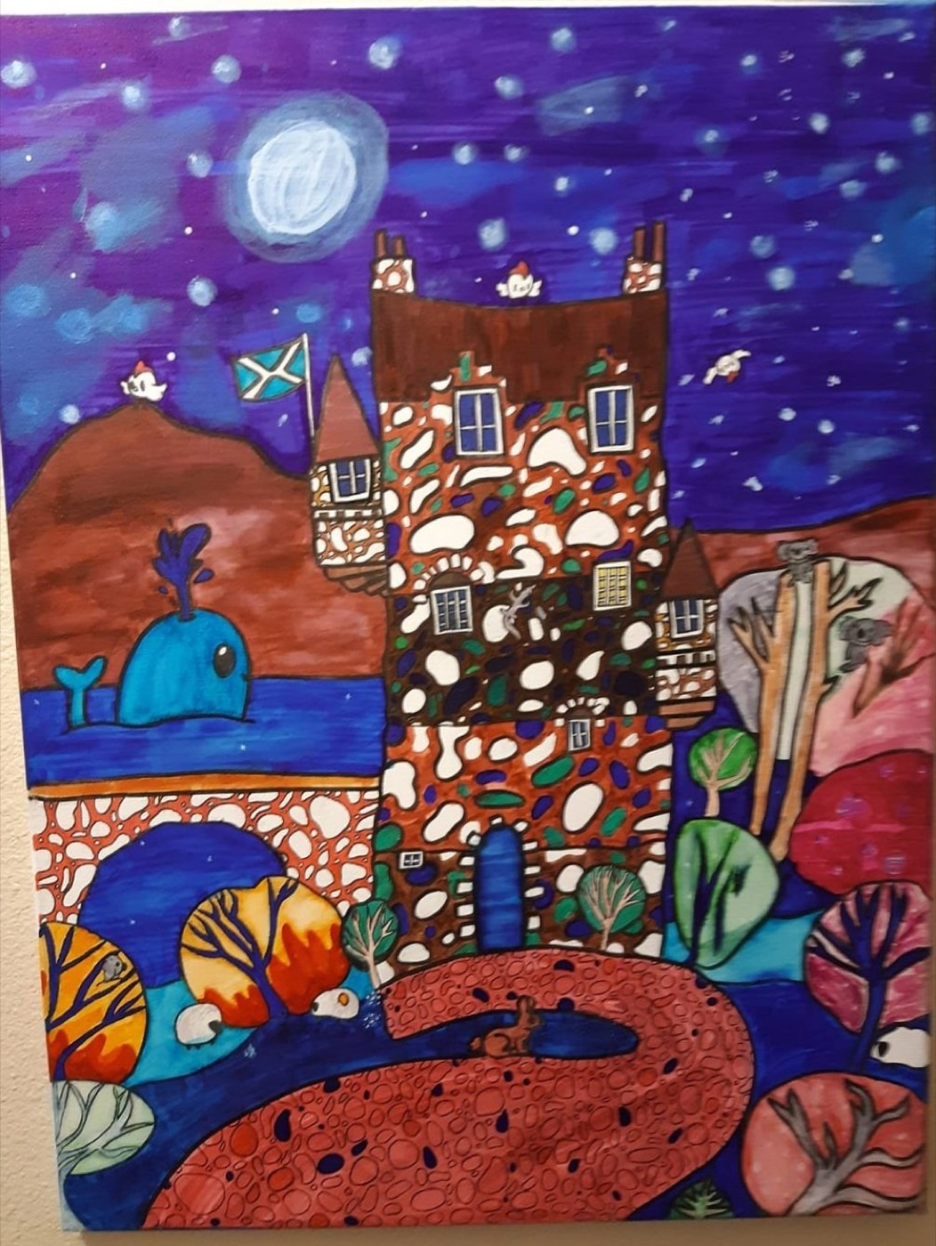 A vibrant marker piece on canvas.