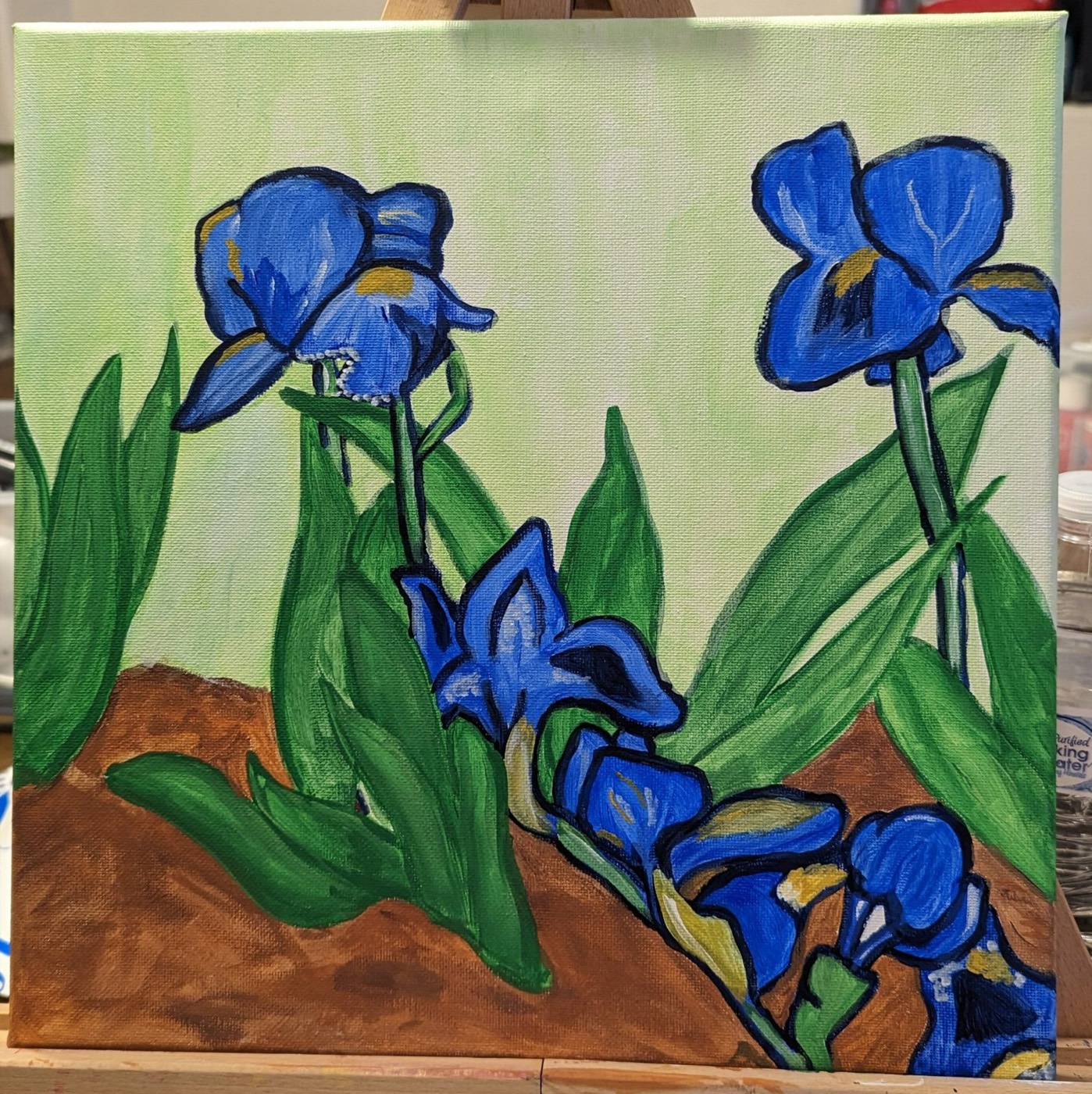 More irises in acrylic — a second take on Van Gogh.