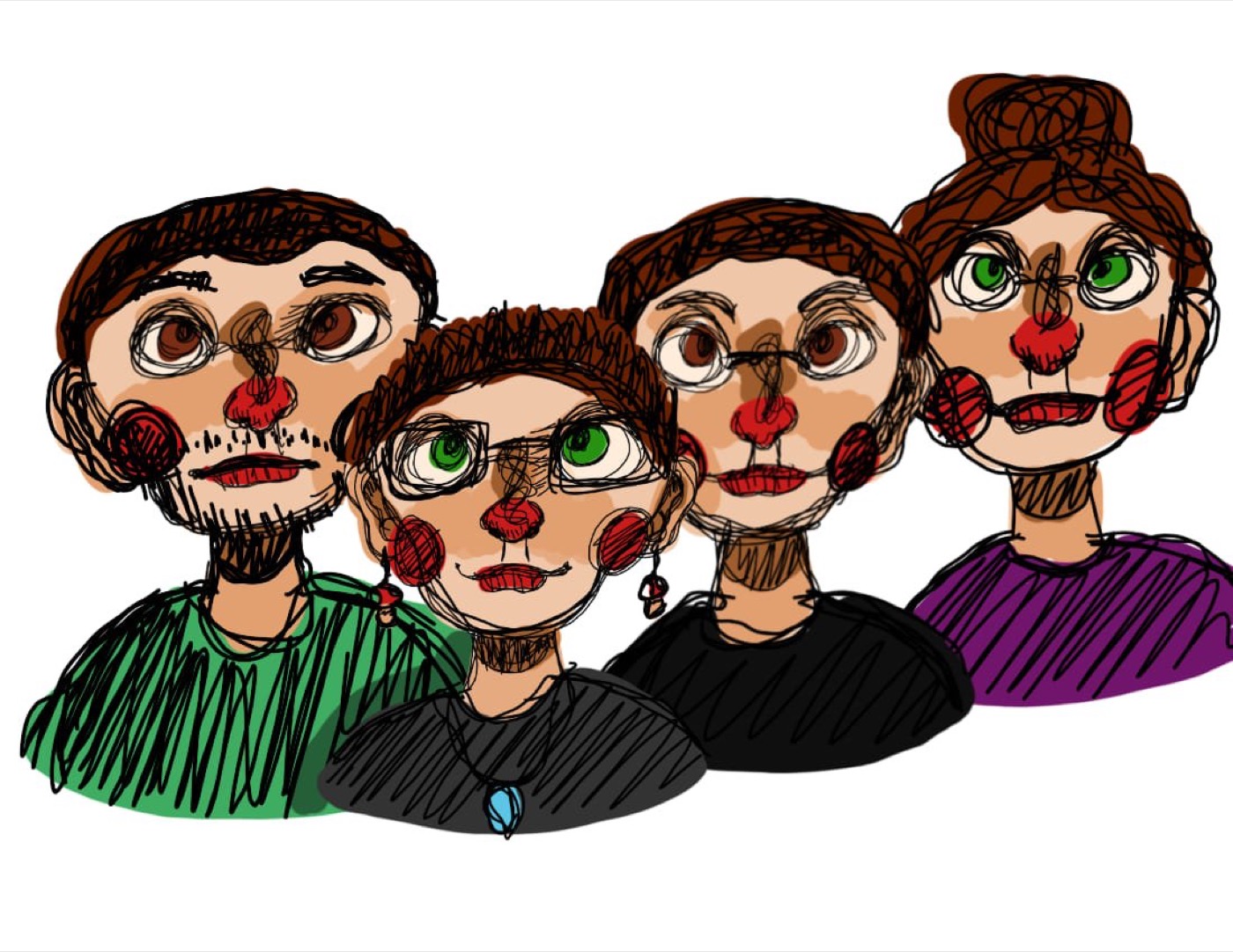A playful drawing of four people with glasses and rosy cheeks, made by a community member.