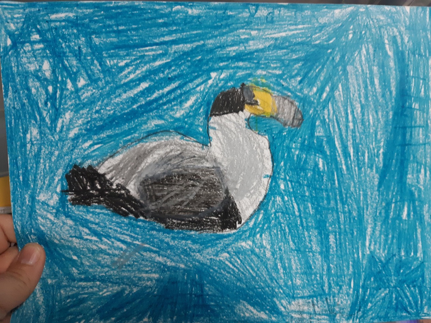 An oil-pastel drawing of a duck.
