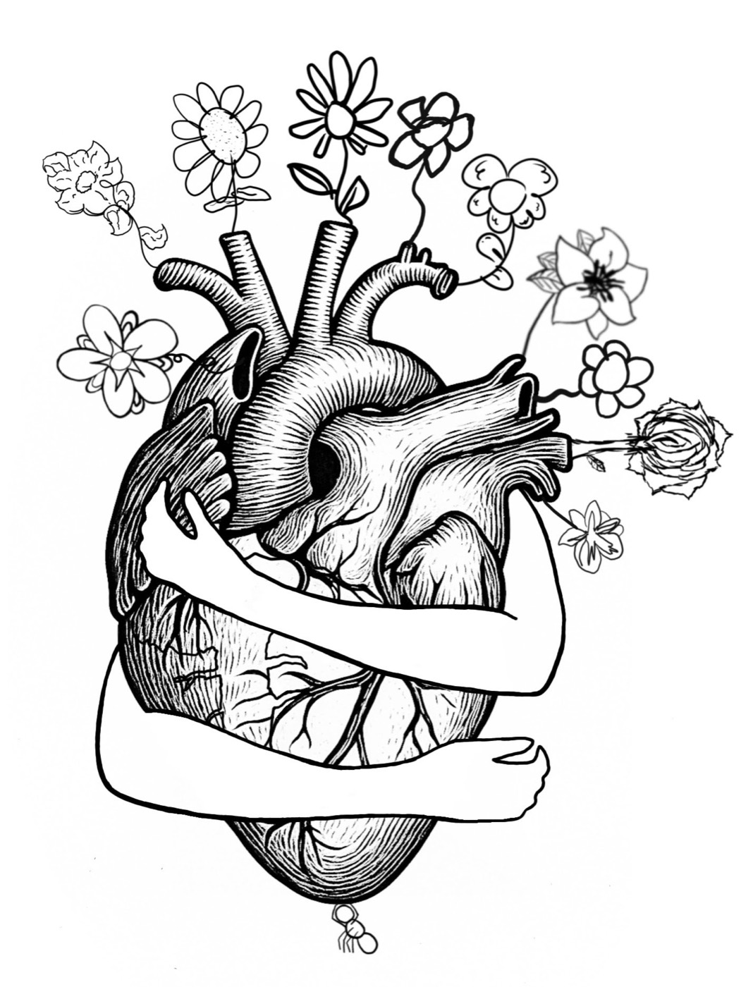 A collaborative digital piece with family-drawn flowers.